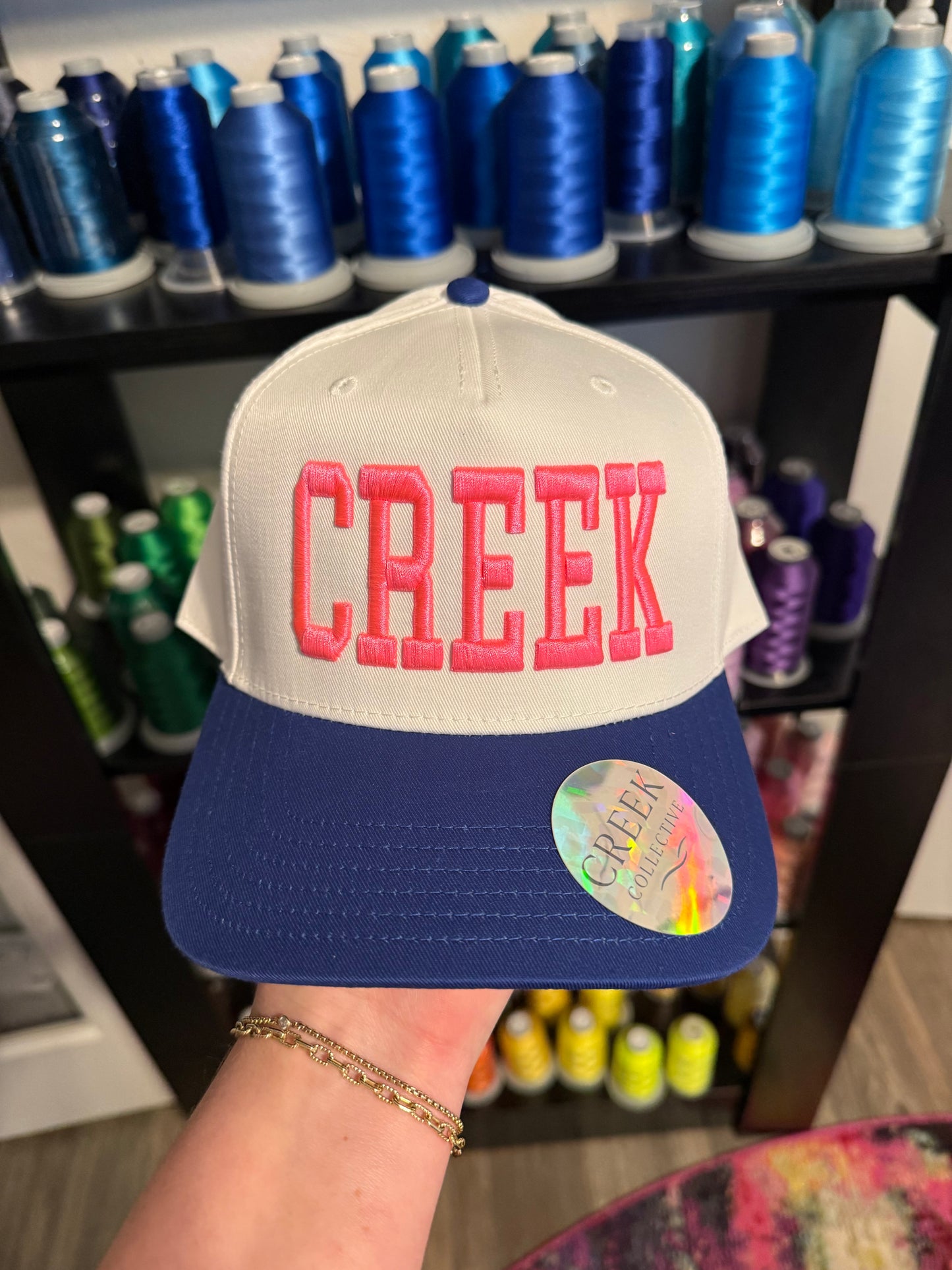 White Canvas Hat Blue Brim - Creek