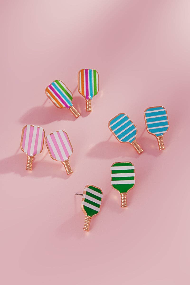 Earrings - Pickleball Post for Women – Striped Enamel Paddle Design: PK / ONE