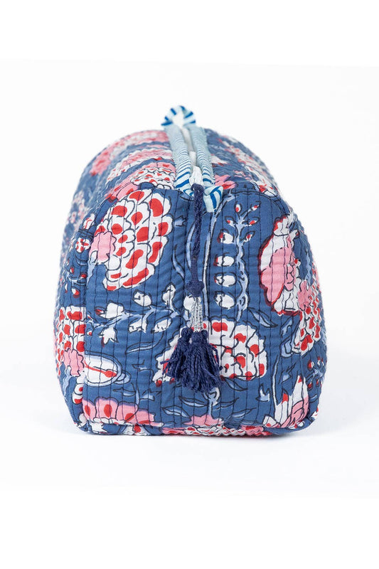 Quilted Makeup/Toiletry Bag Set Blue Floral print Cotton