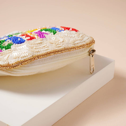 Clutch - Pickleball Beaded Coin Pouch: White / One / B4KP416