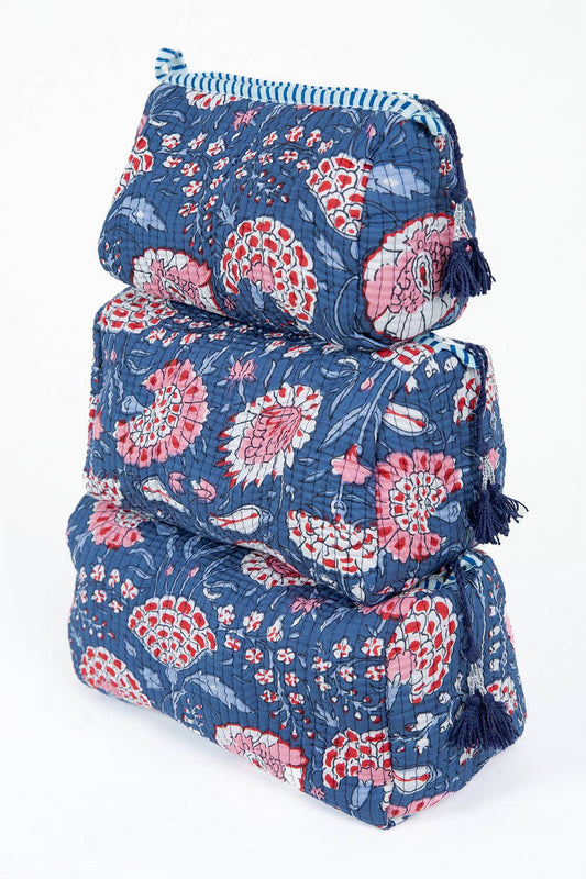 Quilted Makeup/Toiletry Bag Set Blue Floral print Cotton