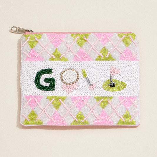 Clutch - Beaded Golf Themed Zip Pouch – Handcrafted Argyle Pattern Clutch: Pink / One / B4KP434
